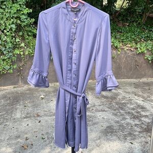 Button up shirt dress in gray with bronze colored buttons and tie 6